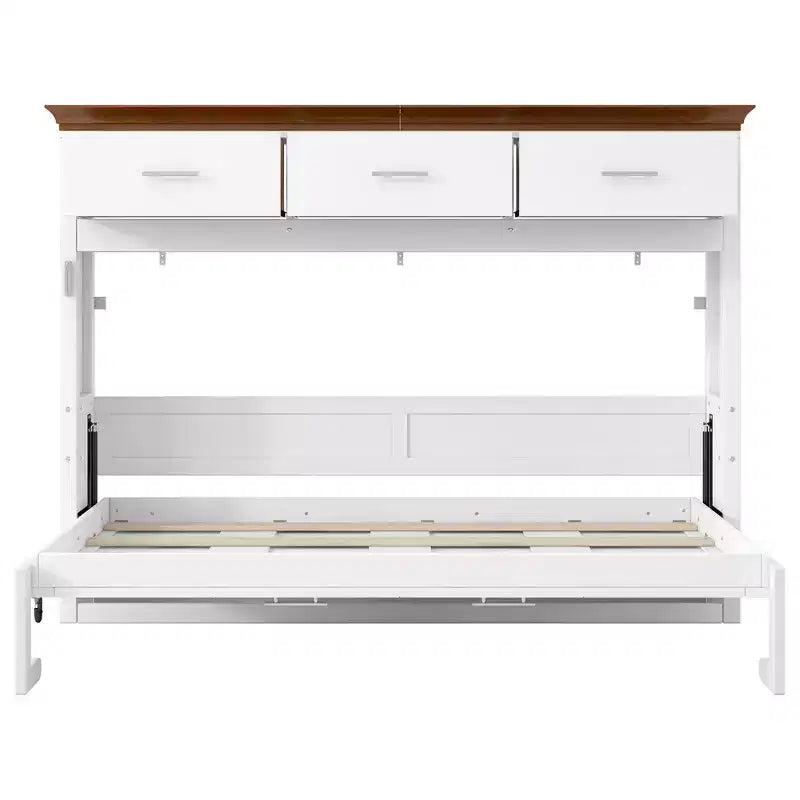 Lit escamotable double avec 3 tiroirs, armoire murale pliable, blanc