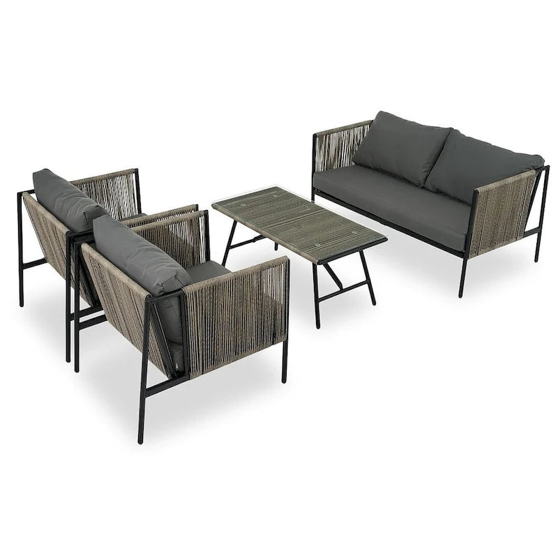 Salon de jardin 4 pièces en corde pour 4 personnes avec coussins et table en verre