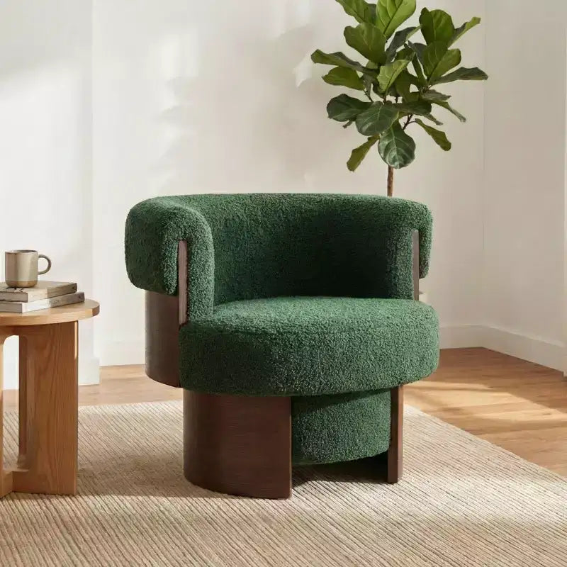 Fauteuil tonneau pivotant à 360° Whisen avec design sculptural en bois cintré, structure en bois massif, 32 po de largeur, polyvalent pour le salon et la chambre à coucher