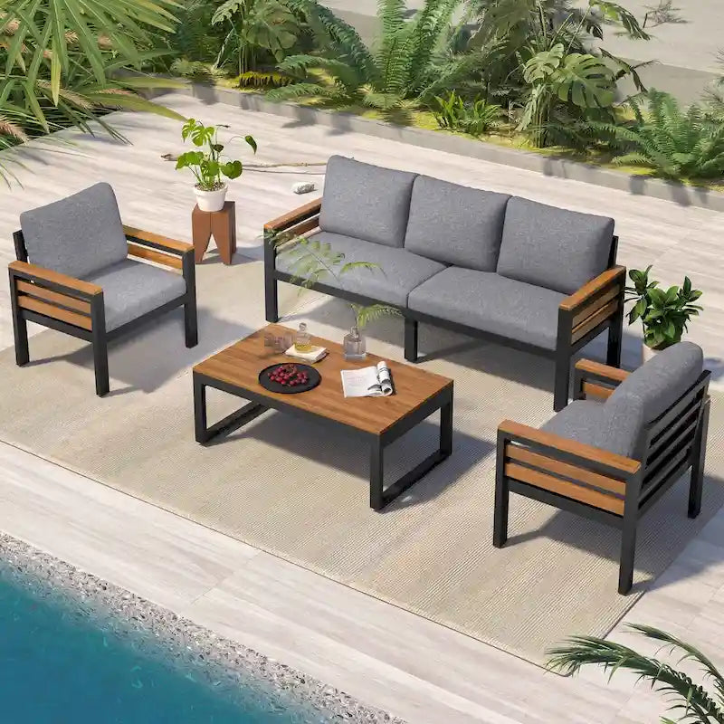 Ensemble de canapé d’extérieur 4 pièces pour 5 personnes avec table basse en bois massif et coussins amovibles