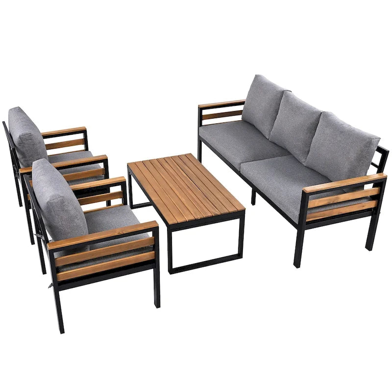 Ensemble de canapé d’extérieur 4 pièces pour 5 personnes avec table basse en bois massif et coussins amovibles