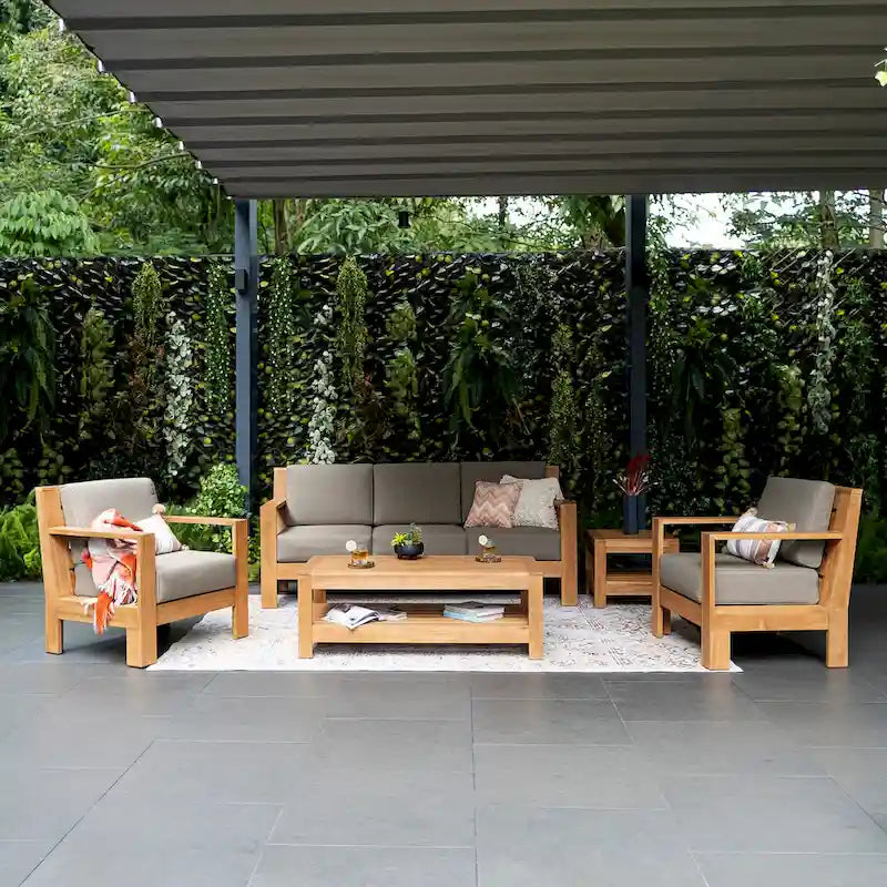 Salon de jardin 5 pièces Cambridge Casual Logan en teck avec coussins Sunbrella