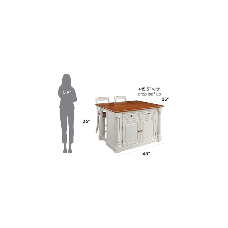 Ensemble îlot de cuisine 3 pièces Homestyles Monarch en bois blanc cassé avec plateau en bois à abattant - 48 x 25 x 36