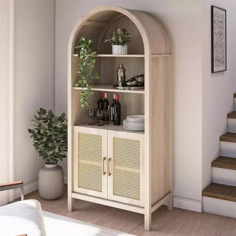 Meuble de Rangement Bohème à Arches avec 2 Portes en Faux Rotin, 5 Étagères Réglables pour Salon, Cuisine, Beige