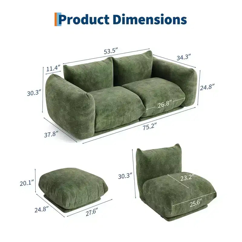 Canapé modulable deux places en tissu chenille, canapé nuage avec éponge haute résilience, canapé sans armature pour appartement, bureau
