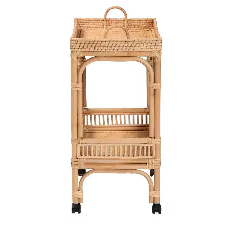 Chariot à vin en rotin Bali & Pari Lombok, marron naturel : chariot de bar d'intérieur avec porte-bouteilles, aucun assemblage requis