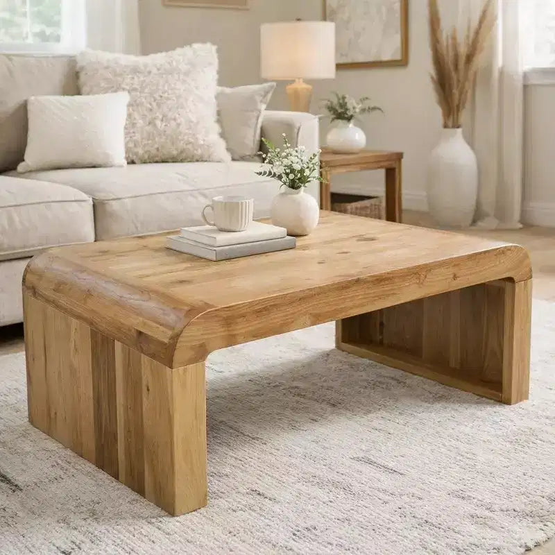 Table basse Royal Hampton, fabriquée à la main en bois d'acacia naturel, plateau rectangulaire incurvé en cascade, 91 cm