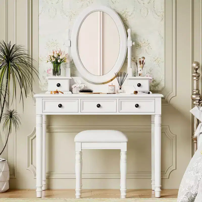 Coiffeuse vintage en bois Okak avec miroir inclinable, coiffeuse avec 5 tiroirs et tabouret rembourré, coiffeuse pour chambre à coucher