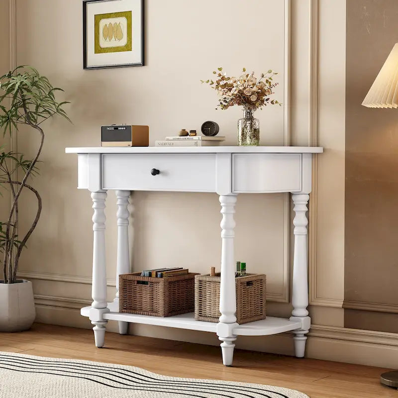 Console étroite rétro avec coin arrondi, tiroir supérieur et étagère ouverte