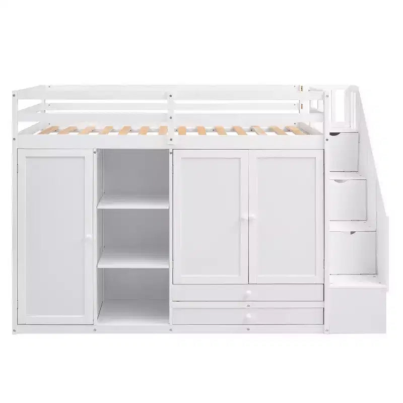 Lit mezzanine fonctionnel 93.3 avec armoires, étagères, tiroirs et échelle de rangement