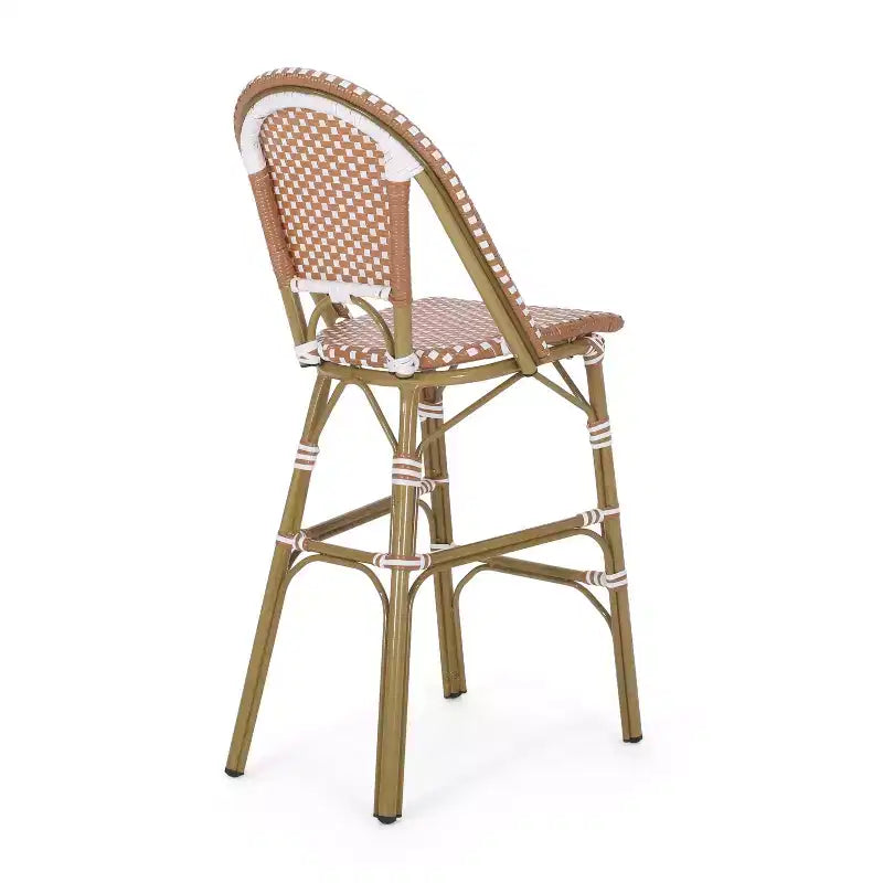 sumyeg Lot de 2 tabourets de bar de bistrot français d'extérieur 29,5, rotin PE en osier avec cadre en aluminium, finition aspect bambou, rouge rouille et blanc