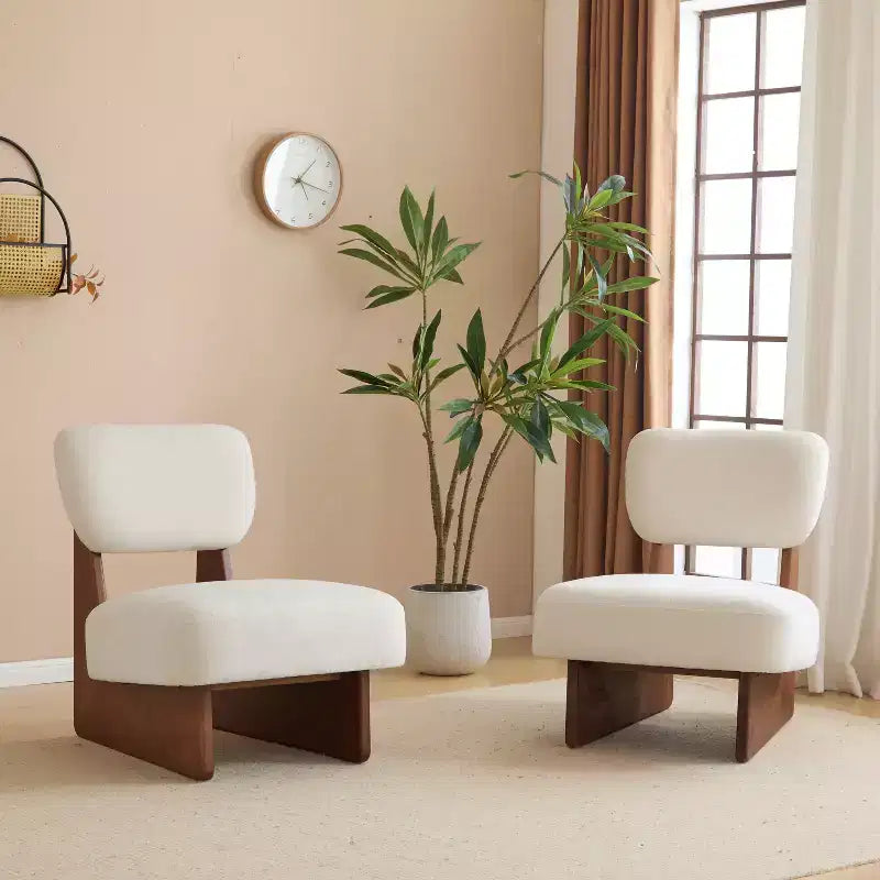 Lot de 2 chaises longues modernes beiges avec revêtement en polyester, piètement robuste en bois, pour différentes pièces