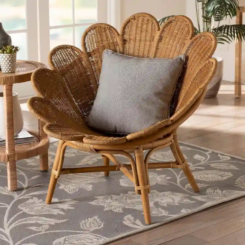 Fauteuil d'appoint en rotin couleur miel style bohème à motif floral Blossom