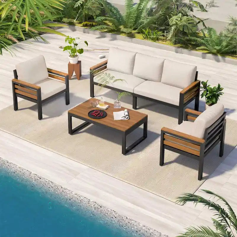 Ensemble de canapé d’extérieur 4 pièces pour 5 personnes avec table basse en bois massif et coussins amovibles