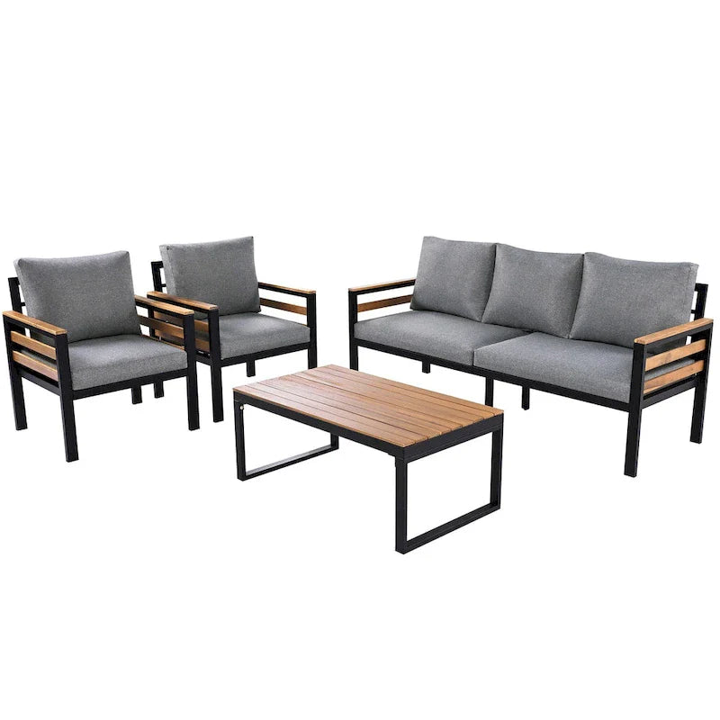 Ensemble de canapé d’extérieur 4 pièces pour 5 personnes avec table basse en bois massif et coussins amovibles