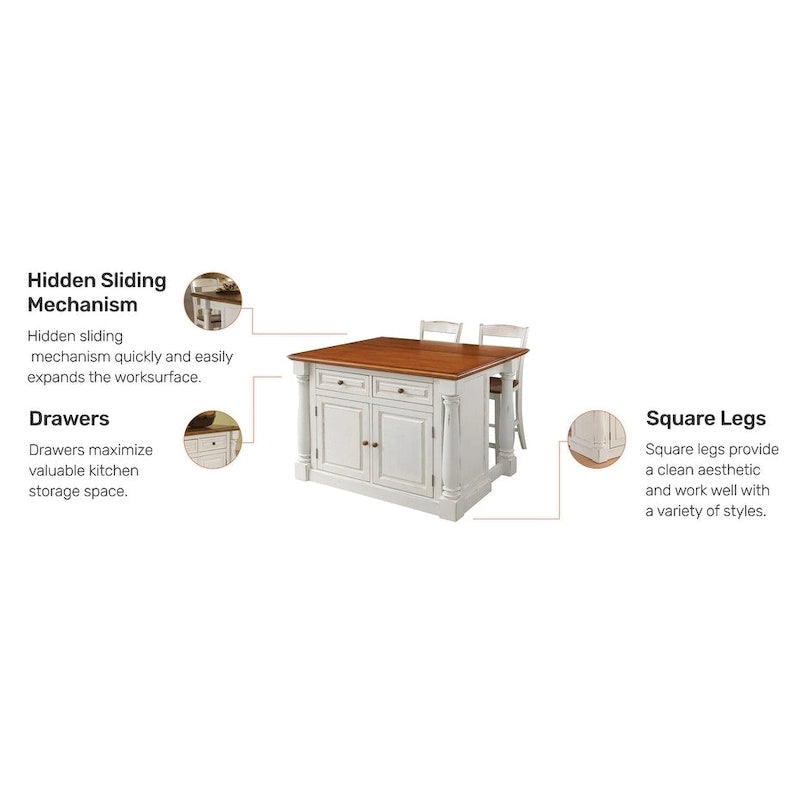 Ensemble îlot de cuisine 3 pièces Homestyles Monarch en bois blanc cassé avec plateau en bois à abattant - 48 x 25 x 36