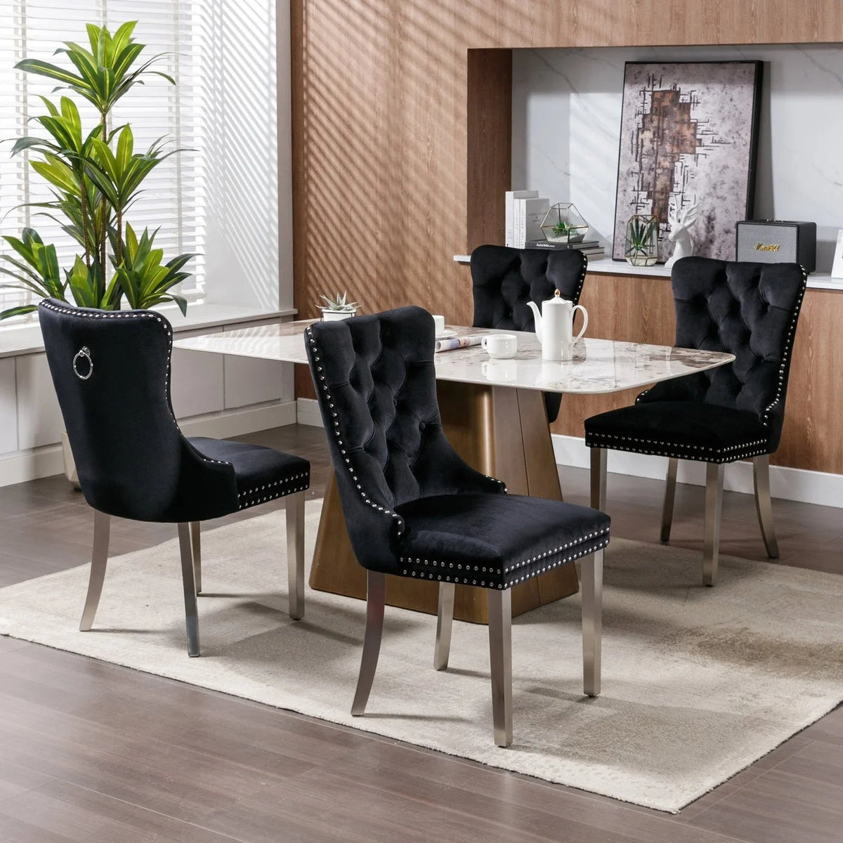 Lot de 6 chaises de salle à manger rembourrées et capitonnées en velours avec pieds en bois massif