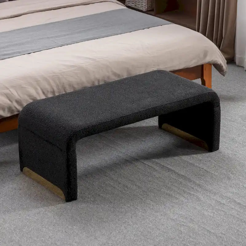 Banquette de chambre à coucher moderne en tissu bouclette, pouf et repose-pieds avec pieds en métal doré