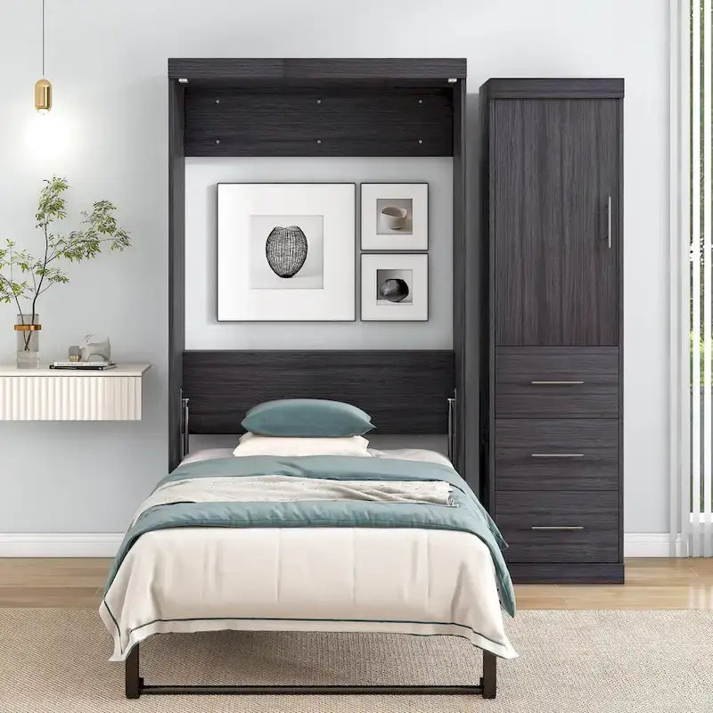 Lit escamotable double avec armoire et tiroirs, lit de rangement, se plie en armoire, gris
