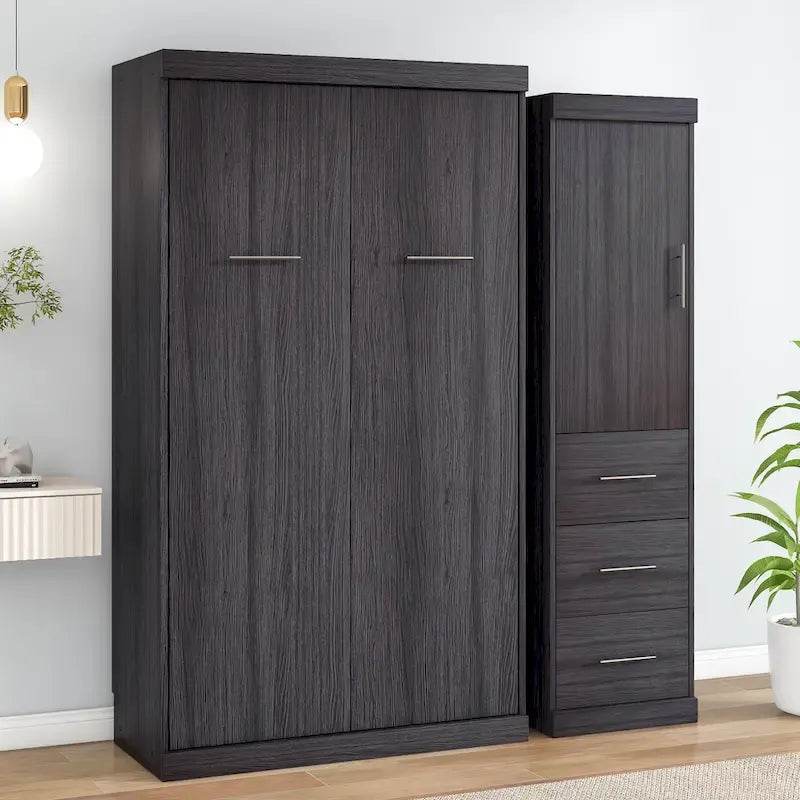 Lit escamotable double avec armoire et tiroirs, lit de rangement, se plie en armoire, gris