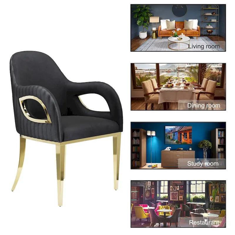 Chaise de salle à manger moderne en velours noir avec pieds dorés