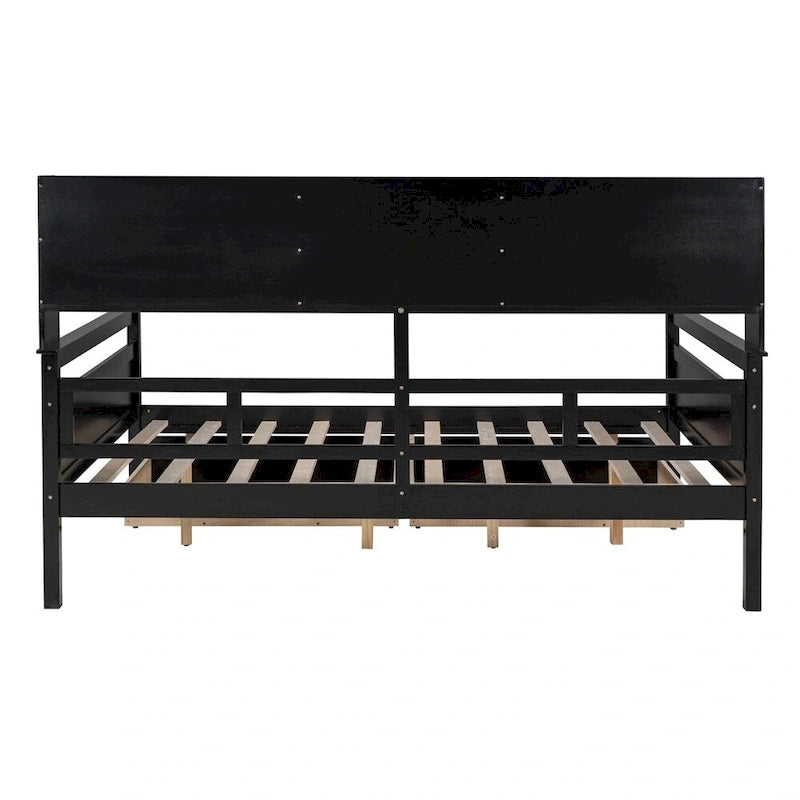 Lit de repos en bois pleine grandeur avec étagère de chevet et deux tiroirs