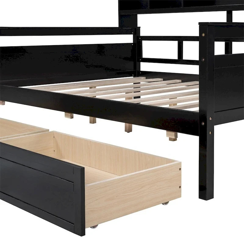 Lit de repos en bois pleine grandeur avec étagère de chevet et deux tiroirs