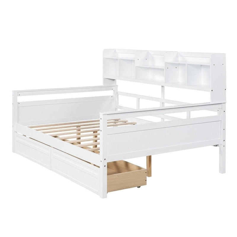 Lit de repos en bois pleine grandeur avec étagère de chevet et deux tiroirs