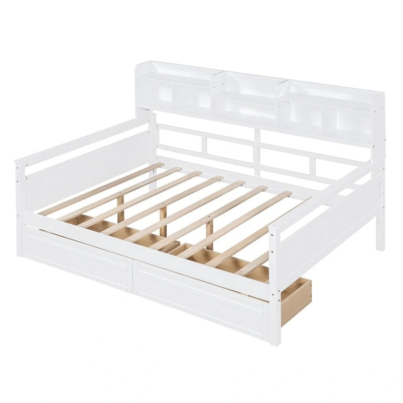 Lit de repos en bois pleine grandeur avec étagère de chevet et deux tiroirs