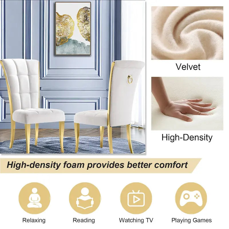 Chaises de salle à manger de luxe en velours blanc avec anneau de tirage à l'arrière et pieds en or poli