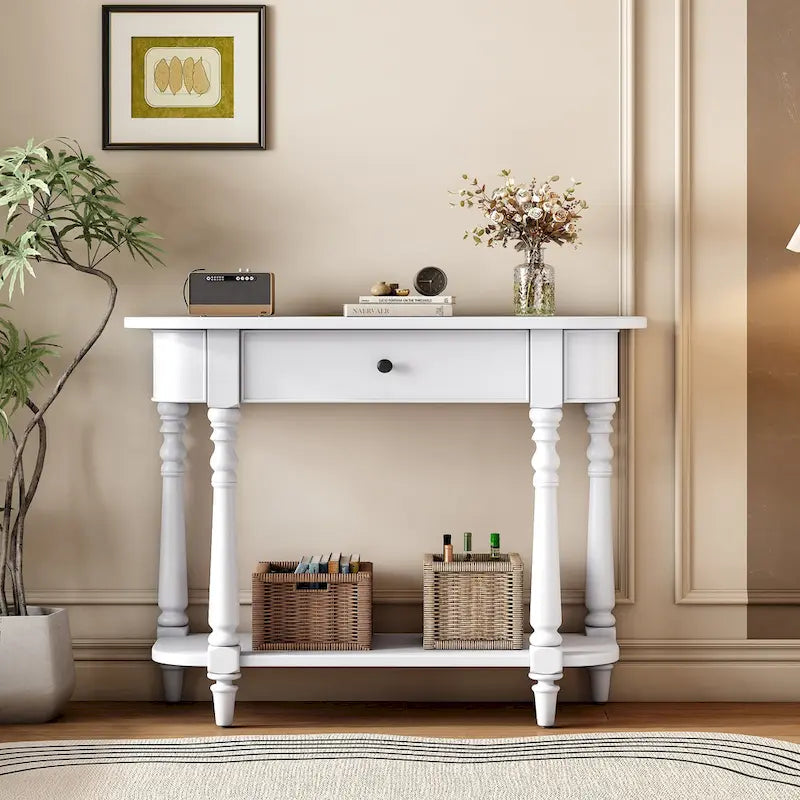 Console étroite rétro avec coin arrondi, tiroir supérieur et étagère ouverte