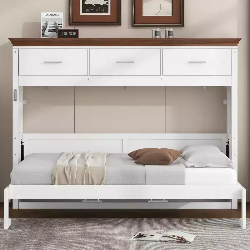 Lit escamotable double avec 3 tiroirs, armoire murale pliable, blanc