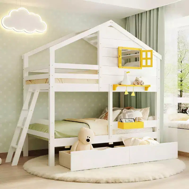 Lit superposé cabane jumeau sur jumeau avec 2 tiroirs, étagères de rangement et fenêtre