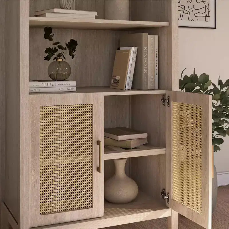 Meuble de Rangement Bohème à Arches avec 2 Portes en Faux Rotin, 5 Étagères Réglables pour Salon, Cuisine, Beige