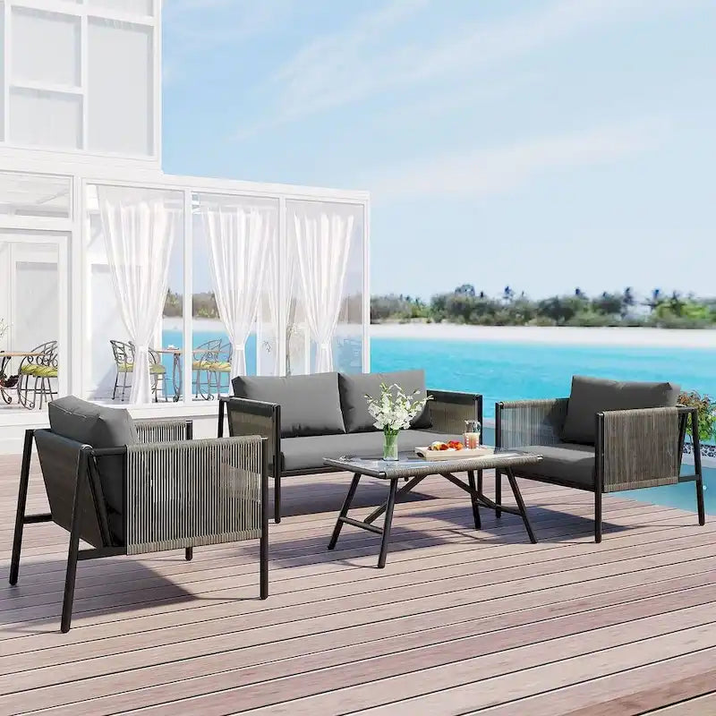 Salon de jardin 4 pièces en corde pour 4 personnes avec coussins et table en verre