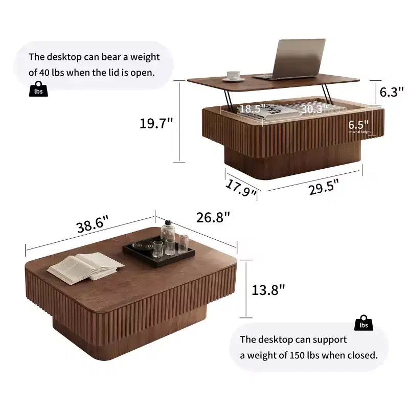 Table basse relevable cannelée JVNOXK 38,6 po avec rangement, table d'appoint moderne à hauteur réglable en placage de bois massif pour salon, chambre à coucher, noyer