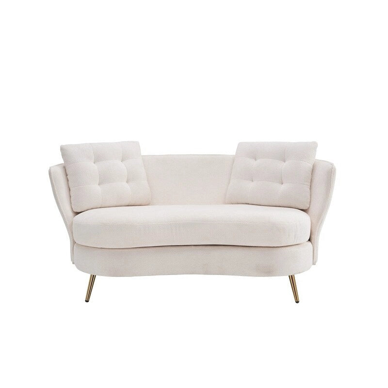 Canapé rembourré deux places avec pieds en métal doré, pour salon, coin lecture, chambre, appartement ou petit espace étudiant