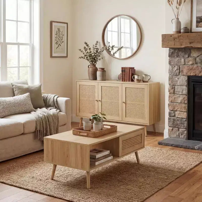 Ensemble de salon 2 pièces en rotin marron (meuble TV + table basse), 1 place