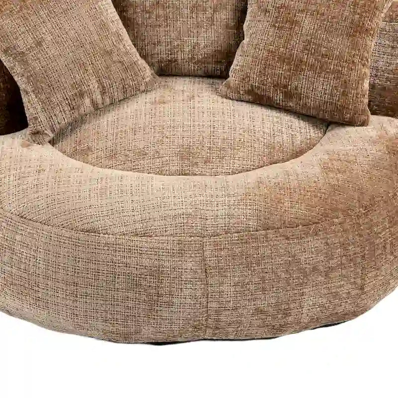 Fauteuil d'appoint rond surdimensionné avec haut dossier enveloppant, revêtement en chenille et 3 coussins