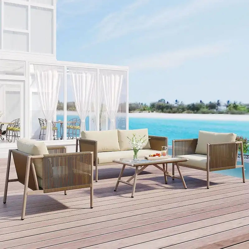 Salon de jardin 4 pièces en corde pour 4 personnes avec coussins et table en verre