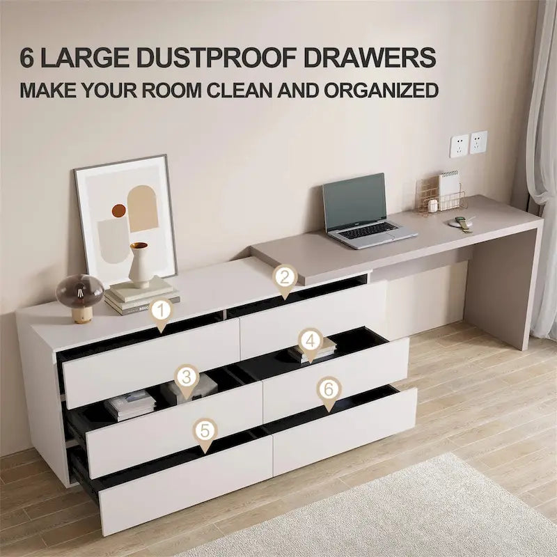 97.63 Bureau commode moderne extensible pour bureau à domicile avec 6 tiroirs