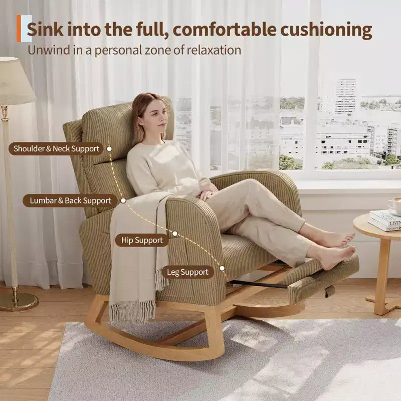 Fauteuil à bascule moderne avec oreiller et poches latérales, pour salon, chambre à coucher