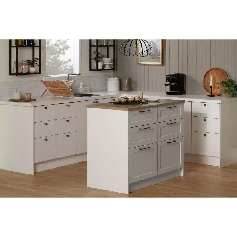 Îlot de cuisine à 6 tiroirs – Style champêtre, blanc et érable muscade, 47,25 po L
