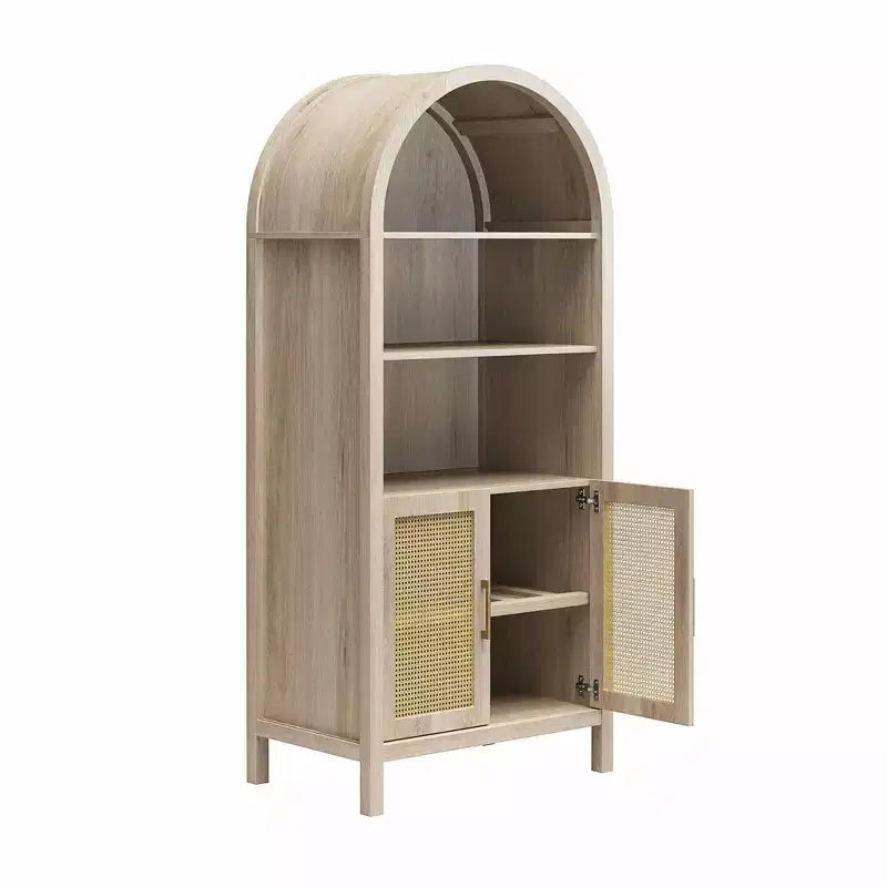 Meuble de Rangement Bohème à Arches avec 2 Portes en Faux Rotin, 5 Étagères Réglables pour Salon, Cuisine, Beige
