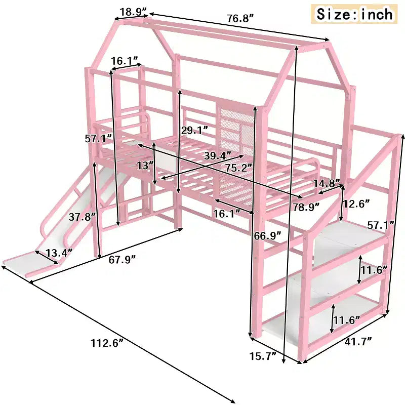 Lit mezzanine cabane avec toboggan et escalier de rangement - Cadre métallique pour enfants et adolescents