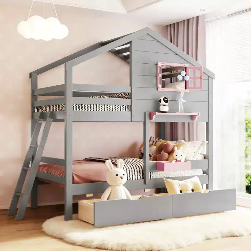 Lit superposé cabane jumeau sur jumeau avec 2 tiroirs, étagères de rangement et fenêtre