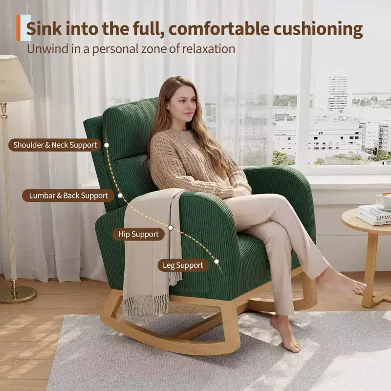 Fauteuil à bascule moderne avec oreiller et poches latérales, pour salon, chambre à coucher