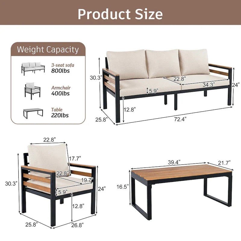 Ensemble de canapé d’extérieur 4 pièces pour 5 personnes avec table basse en bois massif et coussins amovibles