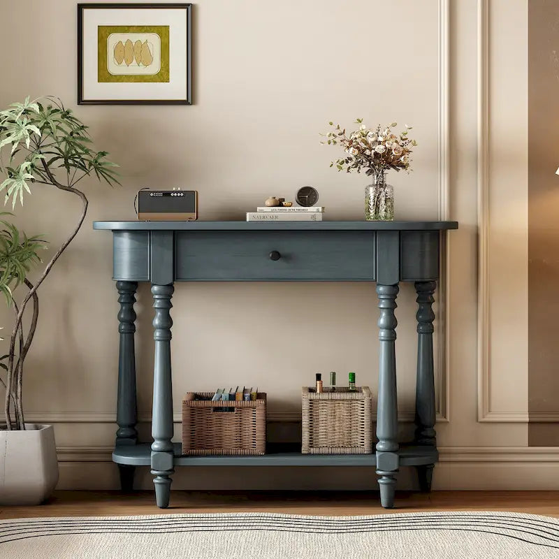 Console étroite rétro avec coin arrondi, tiroir supérieur et étagère ouverte