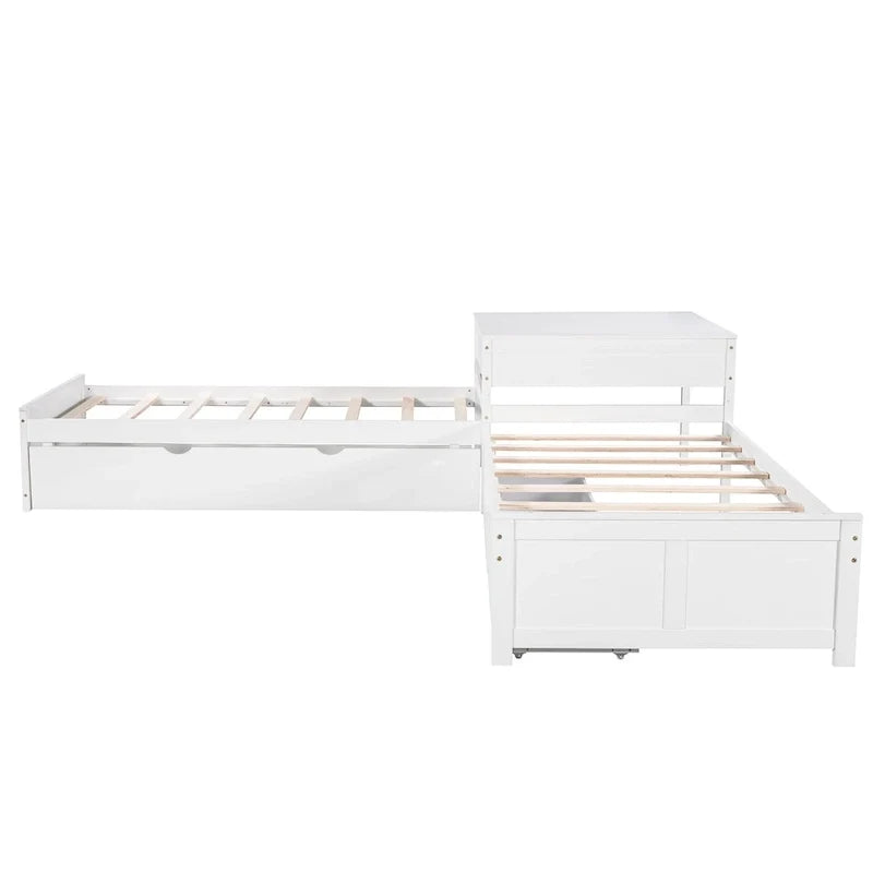 Lit plateforme moderne blanc en forme de L pour deux personnes avec lit gigogne et tiroirs pour chambre à coucher